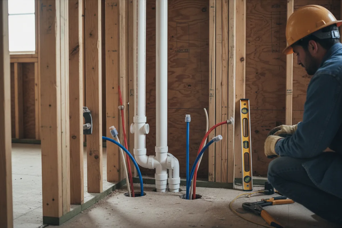 Drain and supply rough-in during Leak Detection in Brick