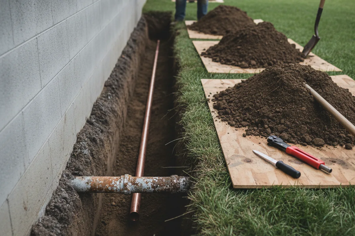 Excavated water line trench during Water Softener Installation in Brick